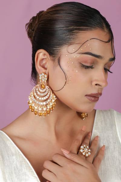 Riana Jewellery Yellow pearl encrusted jadau earrings RIANAPR26D143347