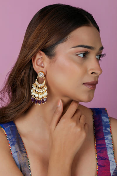 Riana Jewellery Purple pearl encrusted chandbaali earrings RIANAPR26D243478