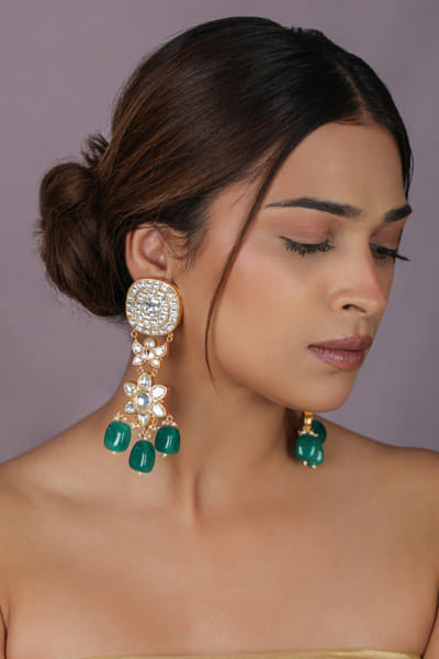 Riana Jewellery Green and white kundan jadau stone earrings RIANAPR26D243481