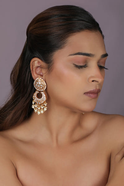 Riana Jewellery White beaded gold plated chandbaali earrings RIANAPR26D243482