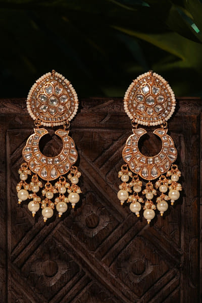 Riana Jewellery White beaded gold plated chandbaali earrings RIANAPR26D243482