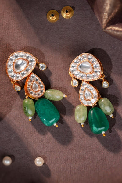 Riana Jewellery Green and white gold plated jadau earrings RIANAPR26D243483