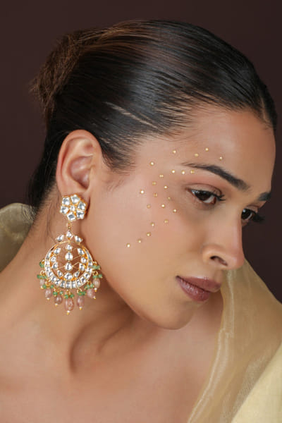 Riana Jewellery Pink and white floral kundan drop earrings RIANAPR26D243486