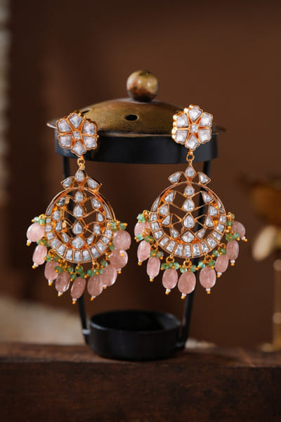 Riana Jewellery Pink and white floral kundan drop earrings RIANAPR26D243486