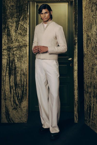 Oatmeal brocade bandhgala set