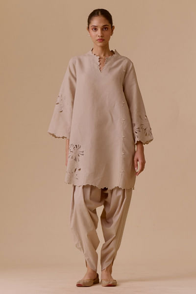 Beige cutwork pattern kurta set
