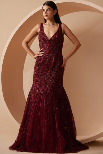 Maroon embroidered mermaid gown