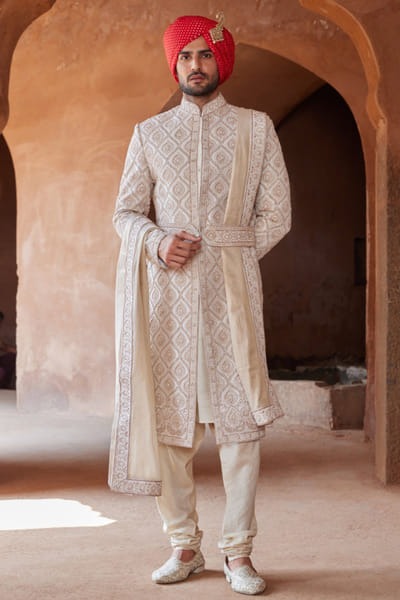Ivory bead embroidered sherwani set