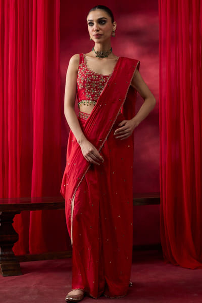 Red embroidered silk drape sari set