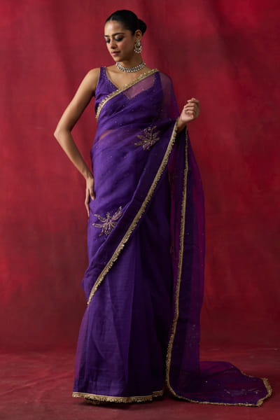 Purple embroidered silk organza sari set