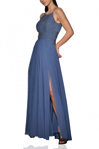 Blue gown with side slit