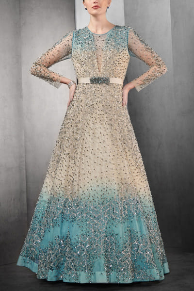 Rohit Gandhi + Rahul Khanna Beige and aqua ombre gown RGRAPRI2203