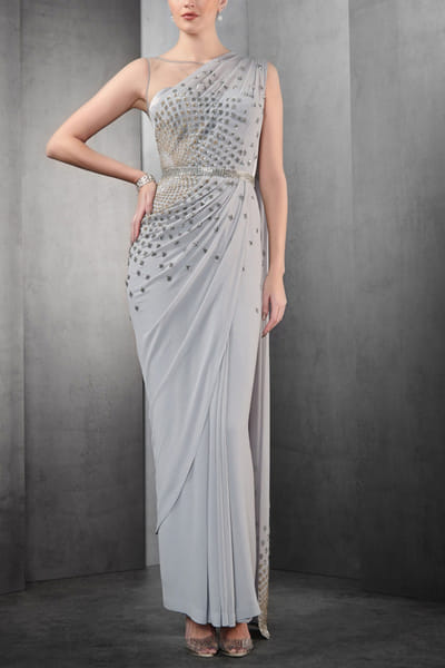 Grey embellished concept sari set