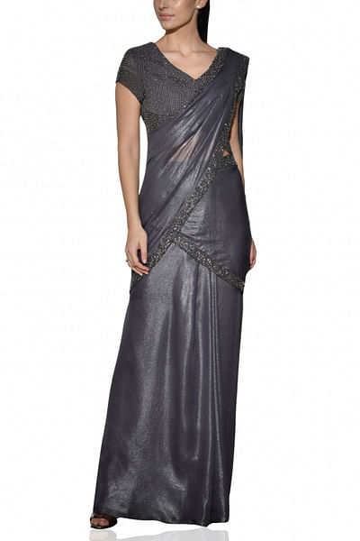Charcoal embellished sari set