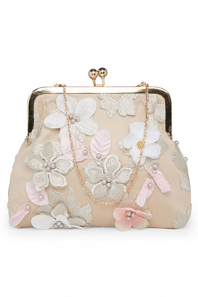 Beige floral embroidered pouch clutch