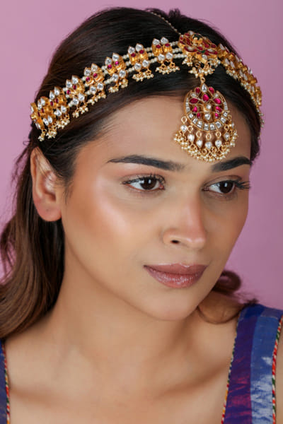 Riana Jewellery Pink and white gold plated jadau mathapatti RIANAPR26D243489