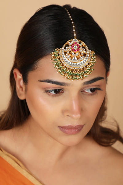 Riana Jewellery Pink gold plated pearl maang tikka RIANAPR26D243491