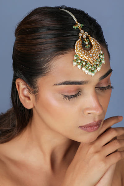 Riana Jewellery Sea green beaded gold plated maang tikka RIANAPR26D243492