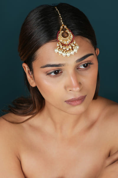 Riana Jewellery Pink pearl beaded jadau maang tikka RIANAPR26D243495