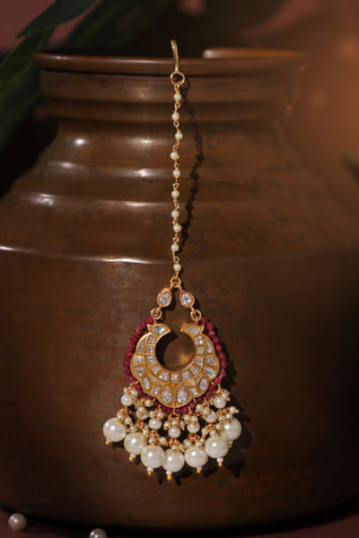 Riana Jewellery Pink pearl beaded jadau maang tikka RIANAPR26D243495