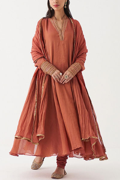 Rust orange handwoven anarkali set
