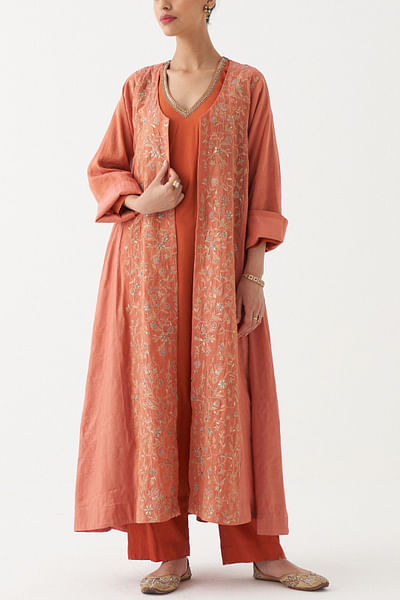 Burnt orange kurta and jacket set