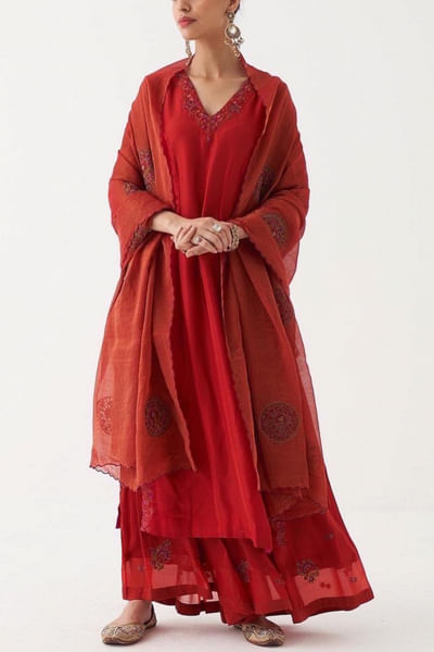Red habutai silk kurta and sharara set