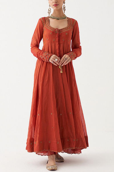 Scarlet red chanderi anarkali set