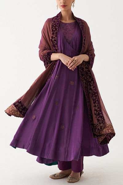 Deep aubergine silk anarkali set
