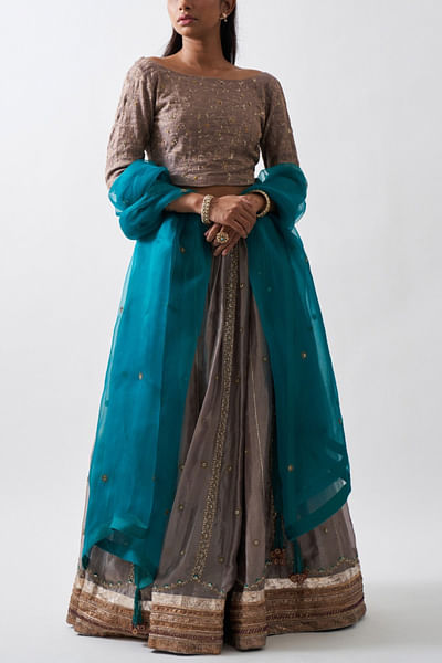 Silver mauve benarasi silk lehenga set