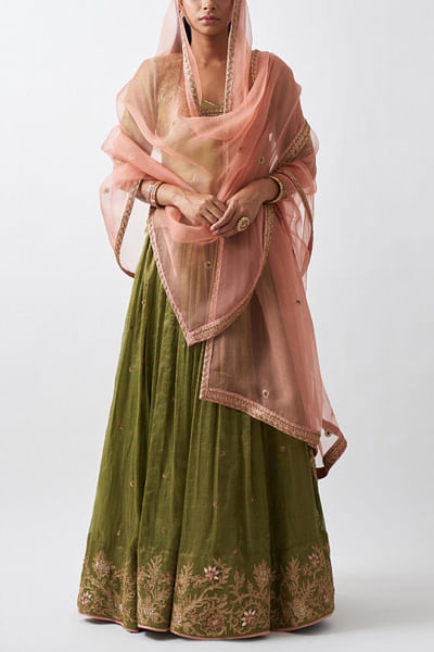 Lime green tissue chanderi lehenga set