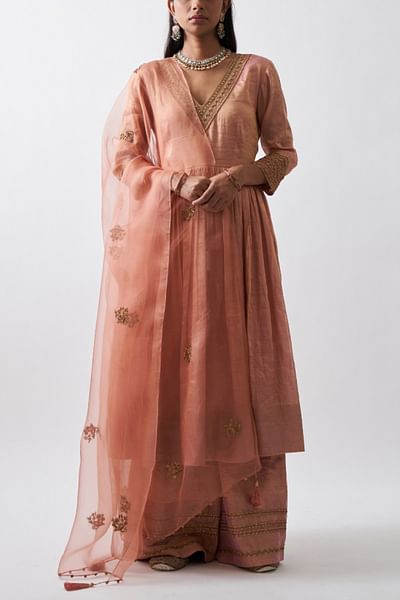 Gold peach tissue chanderi anarkali set
