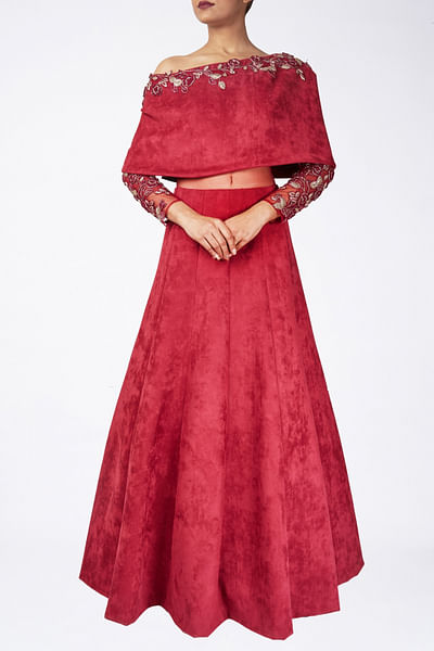 Embroidered suede cape gown