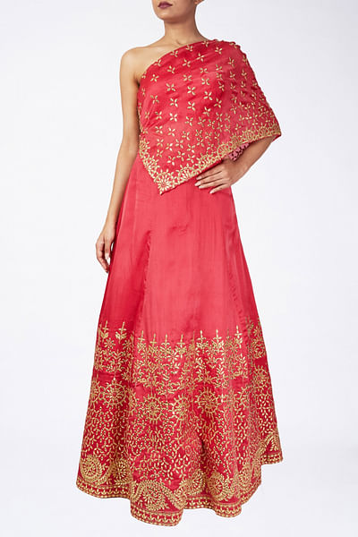 Embroidered lehenga with one-shoulder blouse
