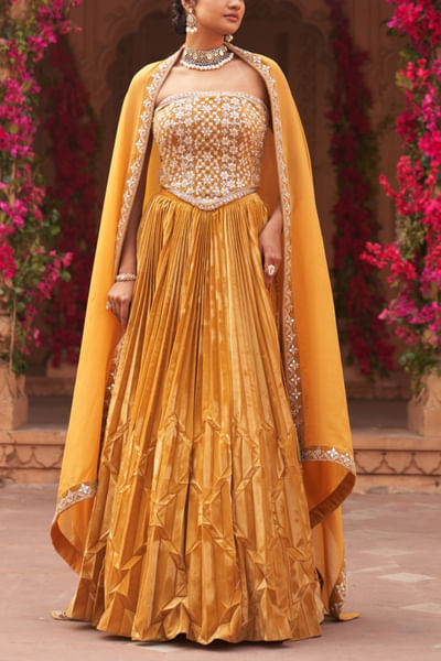 Yellow pleated lehenga set