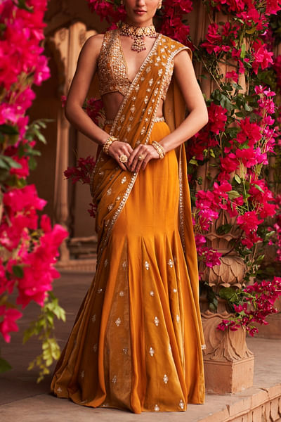Yellow embellished draped sari set