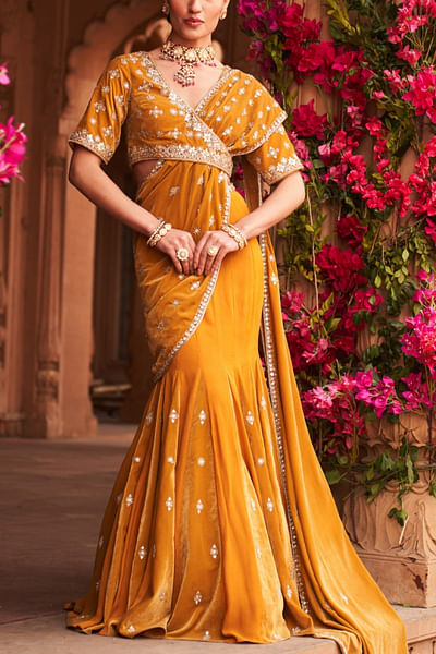 Yellow embellished pre-draped sari set