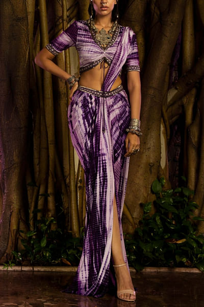 Purple tie & dye draped sari set
