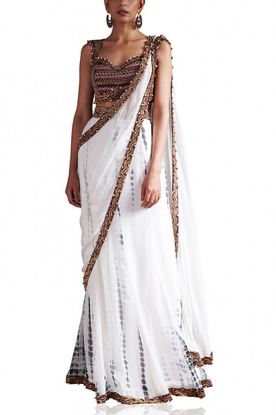 White and black pre-draped sari set