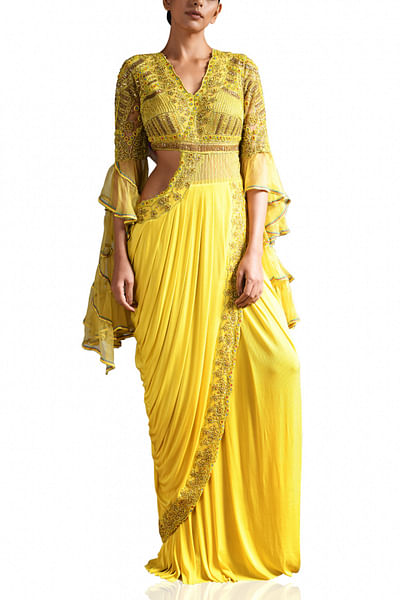 Yellow pre-draped sari set