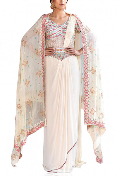 Off-white embellished draped sari and cape