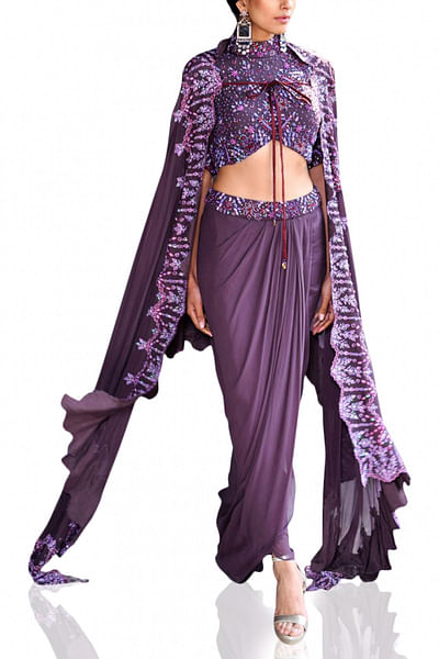 Purple embroidered cape and dhoti set
