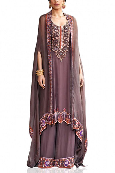 Apricot brown embroidered kurta and cape set
