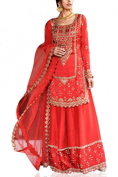 Fiery red embroidered sharara set