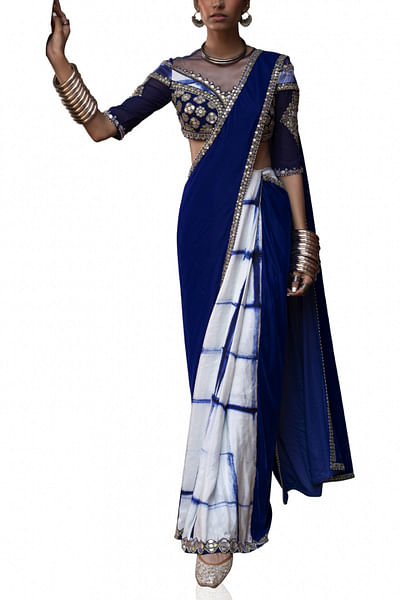 Blue velvet pre-stitched sari set