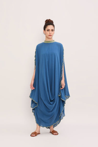 Blue ribbed and scalloped belted cowl dress