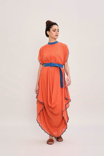 Rust ribbed and scalloped belted cowl dress