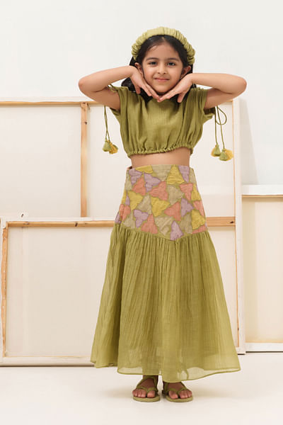 Green chanderi crop top and skirt set