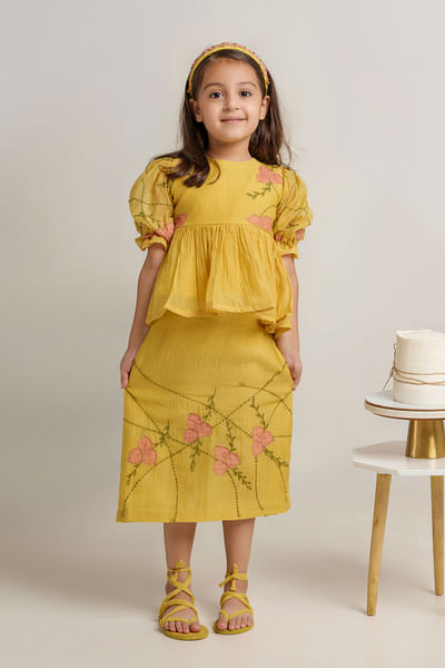 Yellow embroidered top and skirt set