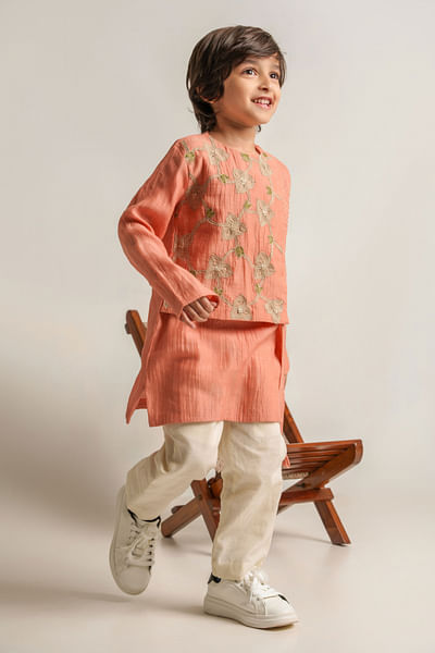 Peach embroidered jacket and kurta set